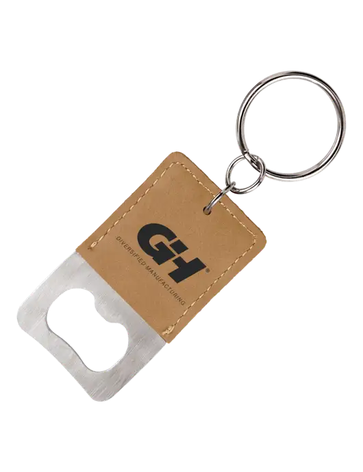 Tan Leatherette Rectangle Bottle Opener Keychain w/G&H Logo