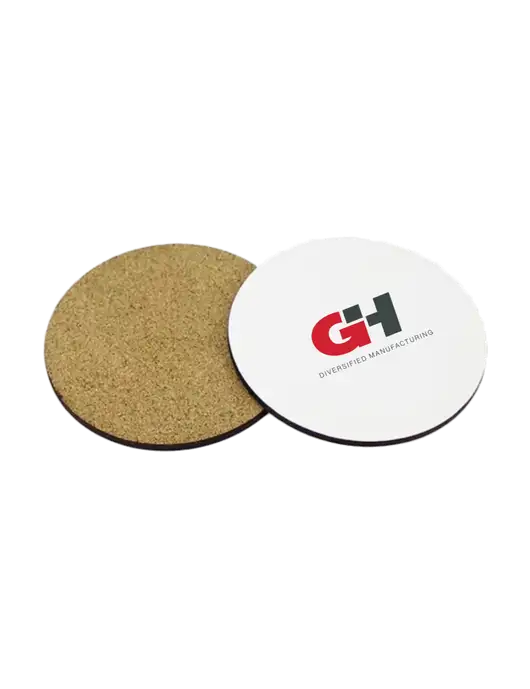 Gloss White Hardboard Round Coaster w/Cork Back, 3.75 w/G&H Logo