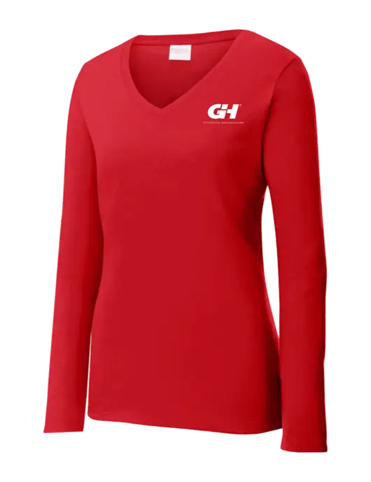 Womens  V-Neck Ring Spun Bright Red 4.5 oz Long Sleeve T-Shirt w/G&H Logo