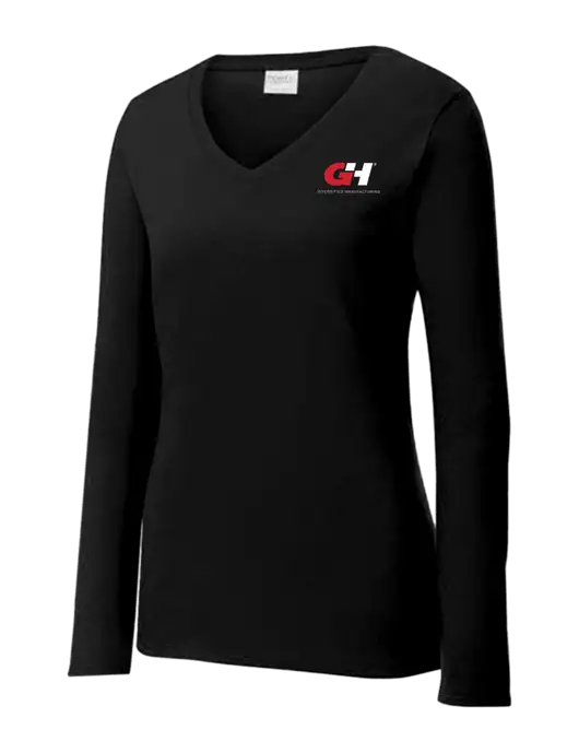 Womens V-Neck Ring Spun Jet Black 4.5 oz Long Sleeve T-Shirt w/G&H Logo