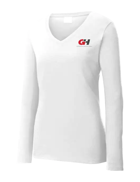 Womens  V-Neck Ring Spun White 4.5 oz Long Sleeve T-Shirt w/G&H Logo