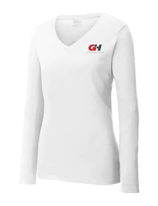 Womens  V-Neck Ring Spun White 4.5 oz Long Sleeve T-Shirt w/G&H Logo