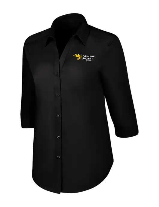 Womens Black 3/4 Sleeve Carefree Poplin Shirt w/Yellow Jacket Logo
