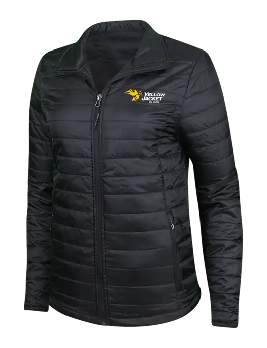 Womens Black Puffy Packable Jacket w/Yellow Jacket Logo