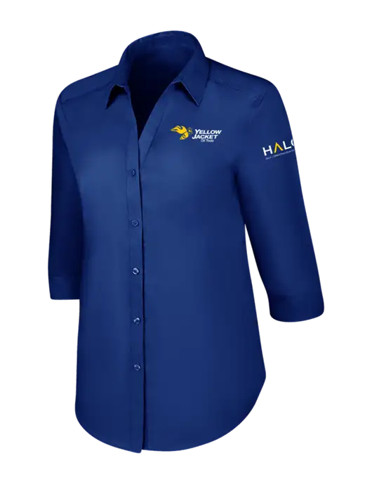 Womens Royal 3/4 Sleeve Carefree Poplin Shirt w/Yellow Jacket Logo, HALO Logo