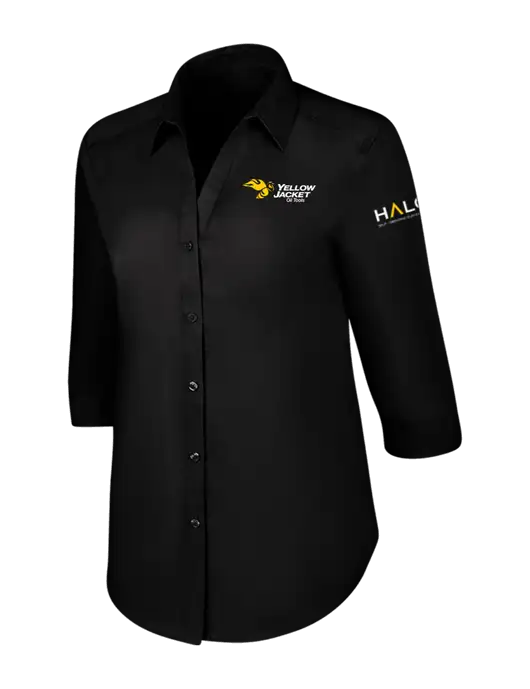Womens Black 3/4 Sleeve Carefree Poplin Shirt w/Yellow Jacket Logo, HALO Logo