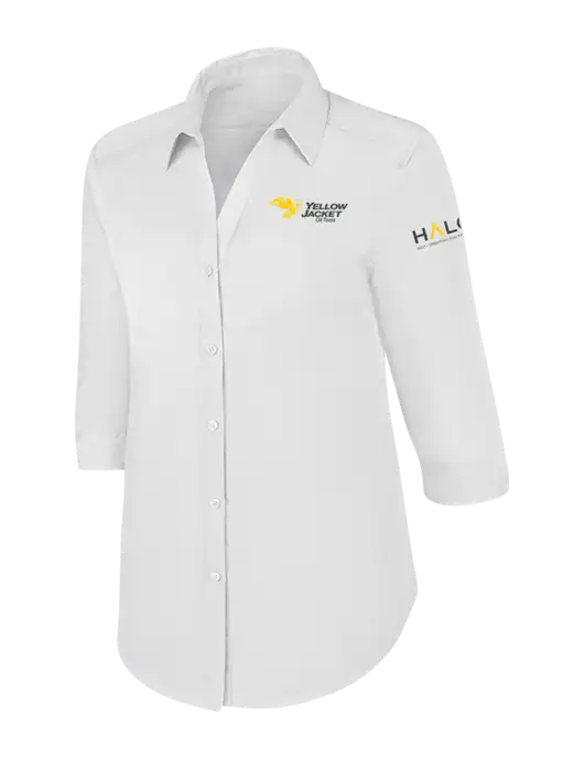 Womens White 3/4 Sleeve Carefree Poplin Shirt w/Yellow Jacket Logo, HALO Logo