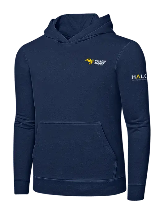Navy 7.8 oz Ring Spun Hooded Sweatshirt w/Yellow Jacket Logo, HALO Logo