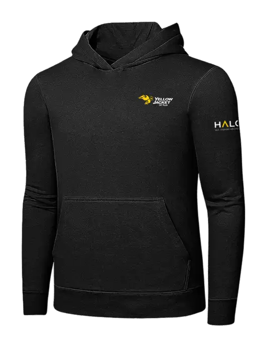 Jet Black 7.8 oz Ring Spun Hooded Sweatshirt w/Yellow Jacket Logo, HALO Logo
