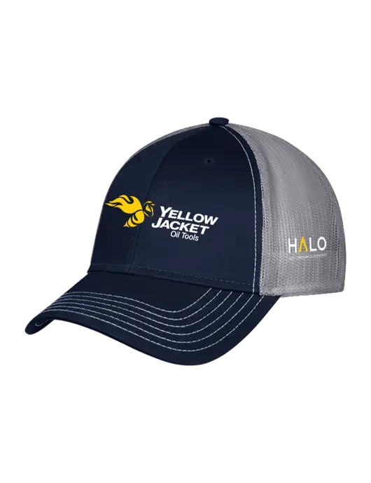 Navy/Grey Mesh Trucker Cap Snap Back w/Yellow Jacket Logo, HALO Logo