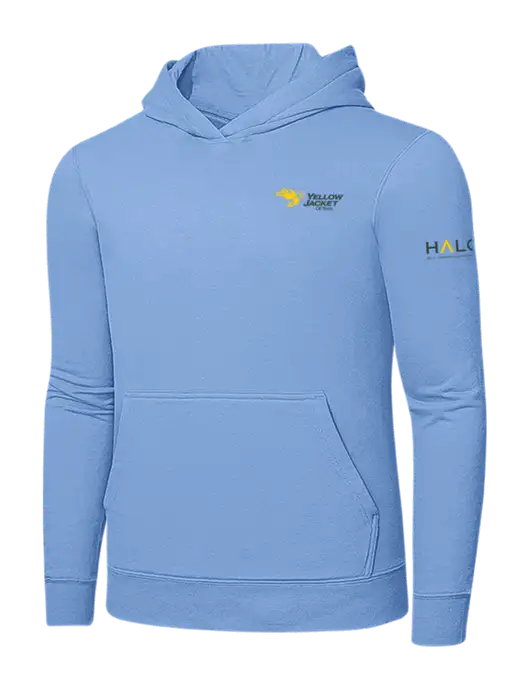 Light Blue 7.8. oz Ring Spun Hooded Sweatshirt w/Yellow Jacket Logo, HALO Logo