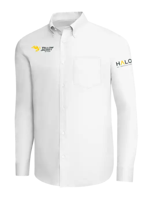 Brooks Brothers White Wrinkle-Free Stretch Pinpoint Shirt w/Yellow Jacket Logo, HALO Logo