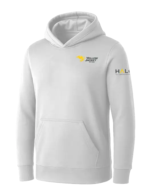 Womens White Core Fleece Pullover Hooded Sweatshirt w/Yellow Jacket Logo, HALO Logo