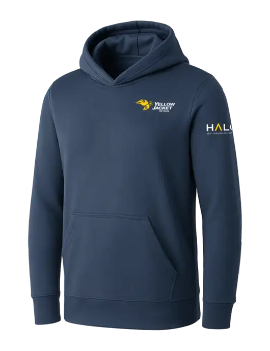 Womens Navy Core Fleece Pullover Hooded Sweatshirt w/Yellow Jacket Logo, HALO Logo
