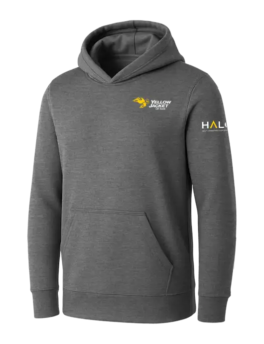 Womens Medium Grey Heather Core Fleece Pullover Hooded Sweatshirt w/Yellow Jacket Logo, HALO Logo