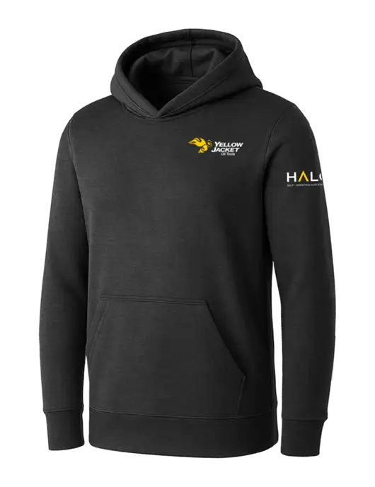 Womens Dark Grey Heather Core Fleece Pullover Hooded Sweatshirt w/Yellow Jacket Logo, HALO Logo