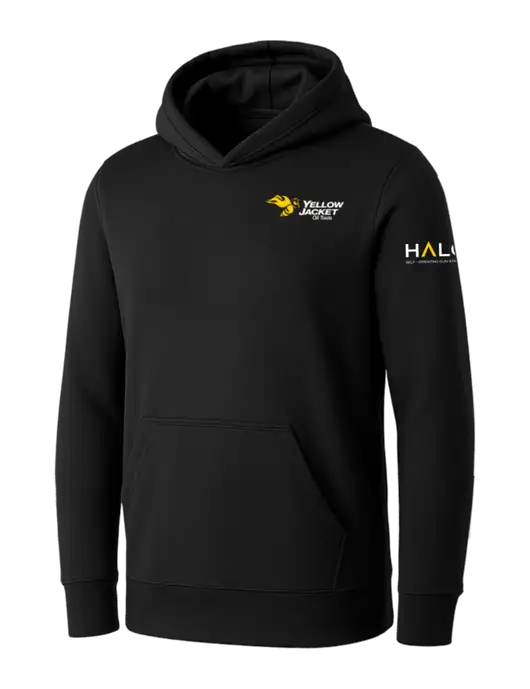 Womens Black Core Fleece Pullover Hooded Sweatshirt w/Yellow Jacket Logo, HALO Logo