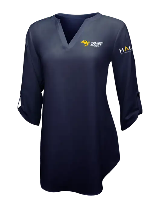 Navy Womens 3/4 Sleeve Tunic Blouse w/Yellow Jacket Logo, HALO Logo