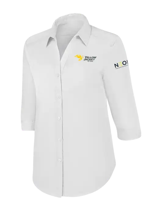 Womens White 3/4 Sleeve Carefree Poplin Shirt w/Yellow Jacket Logo, Neon Logo