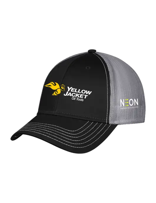 Black/Medium Dark Grey Mesh Trucker Cap Snap Back w/Yellow Jacket Logo, Neon Logo