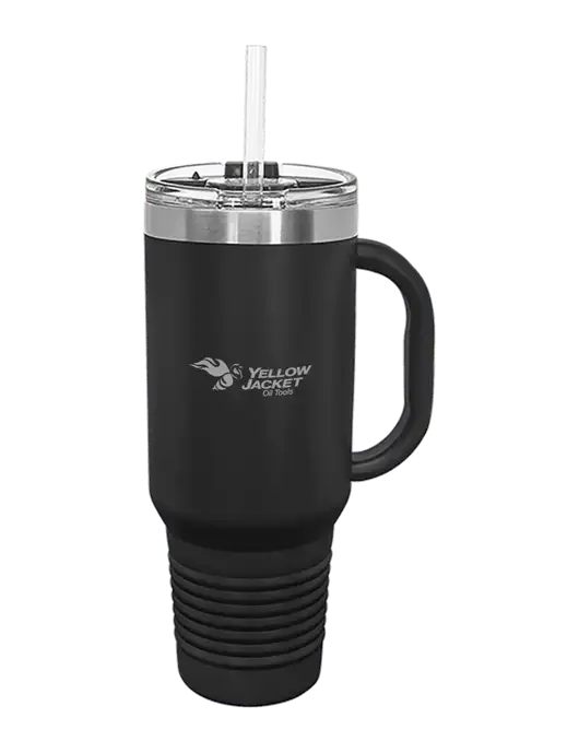 Polar Camel 40 oz. Powder Coated Vacuum Insulated Black Travel Mug with Straw w/Yellow Jacket Logo, Neon Logo