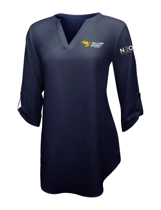 Navy Womens 3/4 Sleeve Tunic Blouse w/Yellow Jacket Logo, Neon Logo