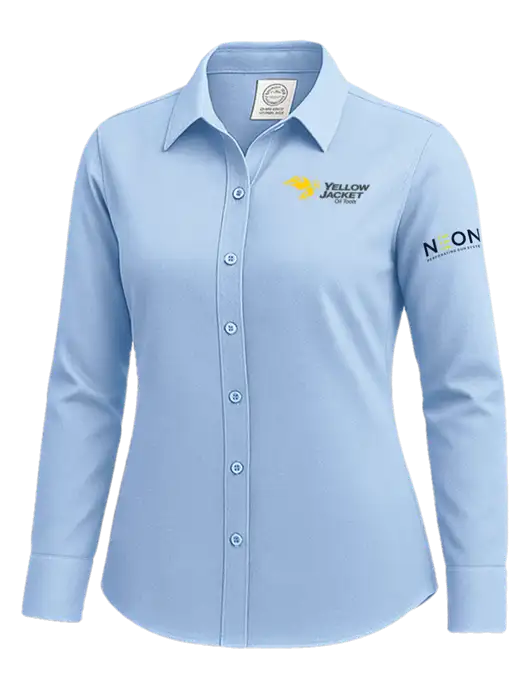 Brooks Brothers Womens Light Blue Wrinkle-Free Stretch Nailhead Shirt w/Yellow Jacket Logo, Neon Logo