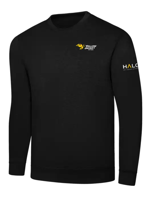 Black 7.8 oz Ring Spun Crew Sweatshirt w/Yellow Jacket Logo, HALO Logo