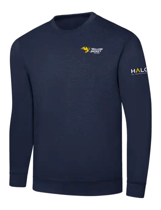 Navy 7.8 oz Ring Spun Crew Sweatshirt w/Yellow Jacket Logo, HALO Logo