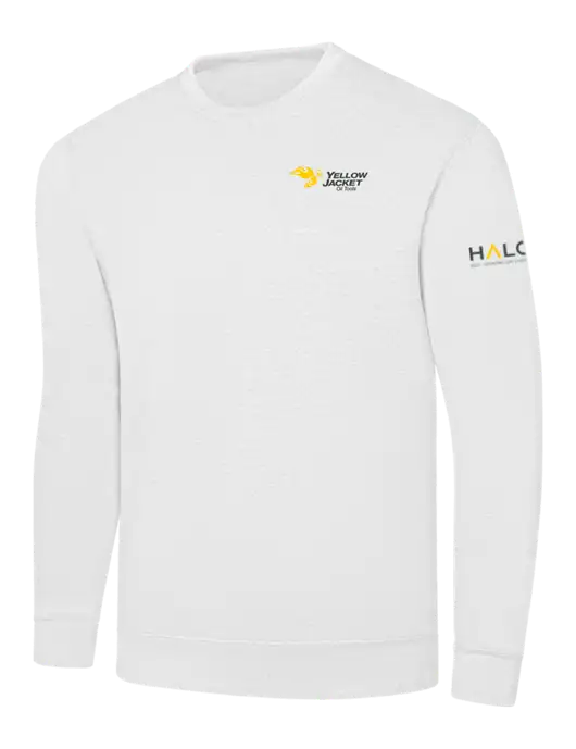 White 7.8 oz Ring Spun Crew Sweatshirt w/Yellow Jacket Logo, HALO Logo