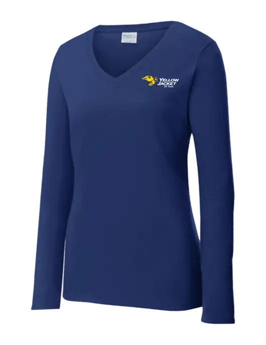 Womens  V-Neck Ring Spun Navy 4.5 oz Long Sleeve T-Shirt w/Yellow Jacket Logo