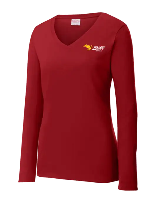 Womens V-Neck Ring Spun Cardinal 4.5 oz Long Sleeve T-Shirt w/Yellow Jacket Logo