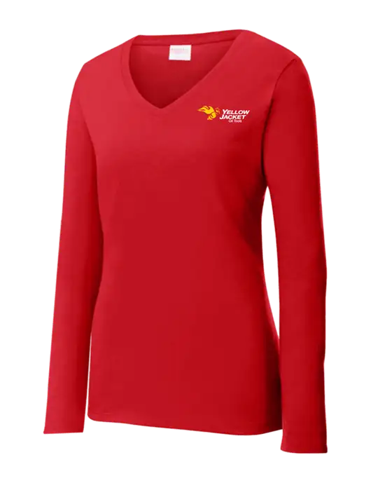 Womens  V-Neck Ring Spun Bright Red 4.5 oz Long Sleeve T-Shirt w/Yellow Jacket Logo